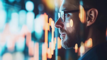 A businessman closely examines stock market graphs and data trends in a contemporary office, focusing intently on investment opportunities