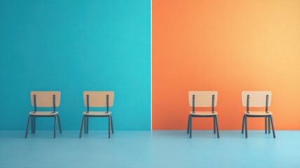 Fototapeta premium Minimalist design showcasing colorful walls with matching chairs, perfect for modern interior decoration or office space inspiration.