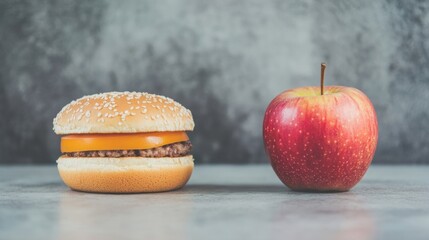 A burger with cheese sits beside a fresh red apple, showcasing their contrasting shapes and colors against a simple backdrop
