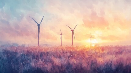 Obraz premium Peaceful meadow with wind turbines basking in the warm light of dawn, the horizon painted in soft watercolors, blending serenity and renewable power
