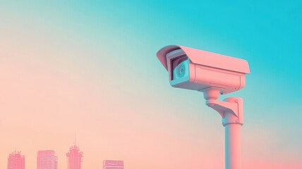 Stylish surveillance camera against a vibrant city skyline, showcasing modern technology and urban security.