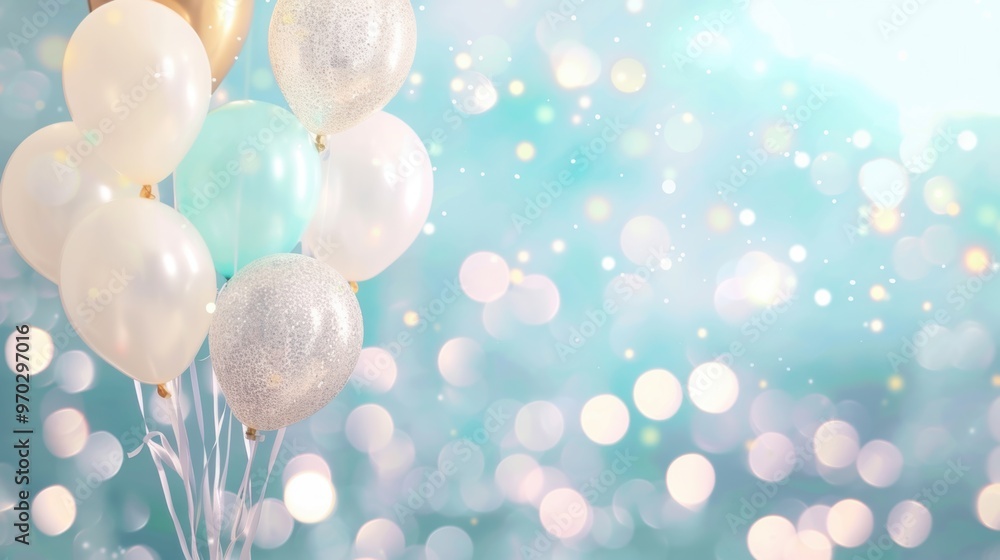 Poster colorful blue and white balloons float gently, creating a joyful atmosphere with a sparkling bokeh b