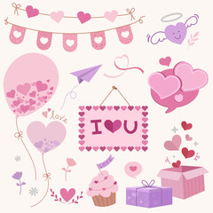 Set of love in doodle style. Valentine's day elements collection. Hearts elements for greeting card. Banner decoration, Sticker.