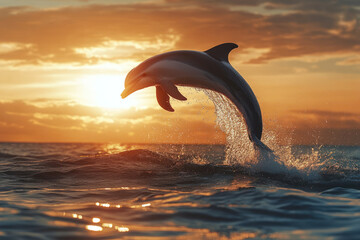 Obraz premium A dolphin leaps gracefully out of ocean at sunset, creating stunning silhouette against vibrant sky. scene captures beauty and energy of marine life.