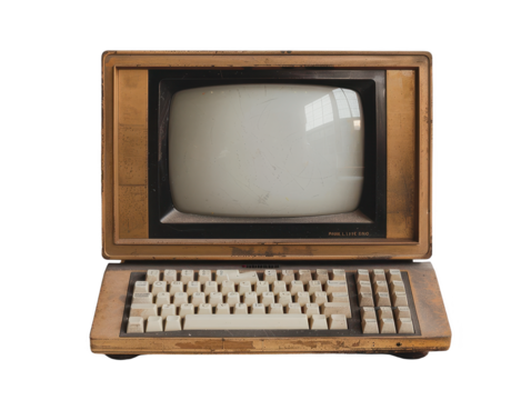 Old computer terminal with CRT display on transparent background
