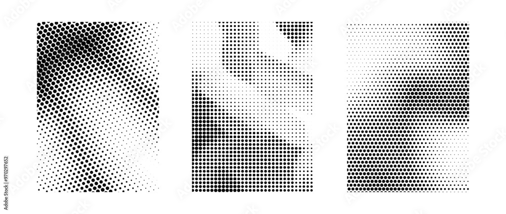 Poster black and white grunge halftone gradient collection. gritty sand noise texture set. retro dotted pix
