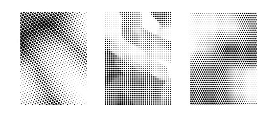 Black and white grunge halftone gradient collection. Gritty sand noise texture set. Retro dotted pixel backdrop pack. Comic polka dot overlay with raster effect for banner, poster, flyer. Vector