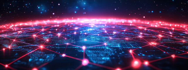 Fototapeta premium Futuristic global data network with interconnected nodes and vibrant colors, showcasing technology and connectivity.