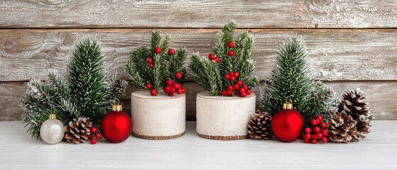 Rustic winter wonderland Christmas backdrop with cozy decorations and natural textures