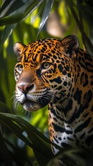 Obraz premium Jaguar in lush jungle setting, close-up