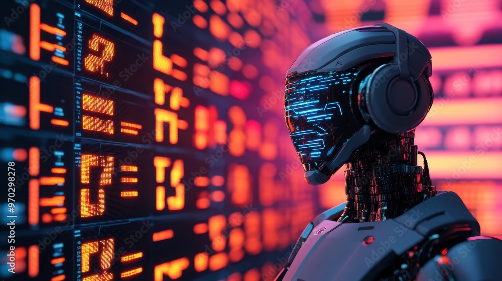 Poster digital environment with robotic ai overseeing liability reduction, debt tracking, and futuristic al
