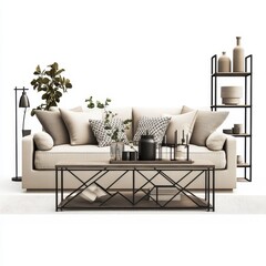 Modern living room scene with a neutral sofa, decorative items, and a plant.