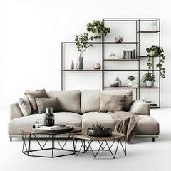 Modern living room featuring a sectional sofa, coffee tables, and a plant-filled bookshelf.