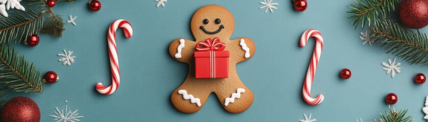 Gingerbread man holding a Christmas gift, surrounded by candy canes and holly berries, playful holiday wallpaper pattern