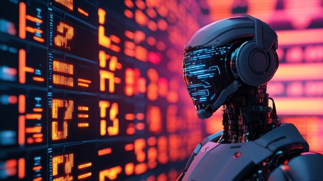 Digital environment with robotic AI overseeing liability reduction, debt tracking, and futuristic algorithms for financial balance, surrounded by glowing data