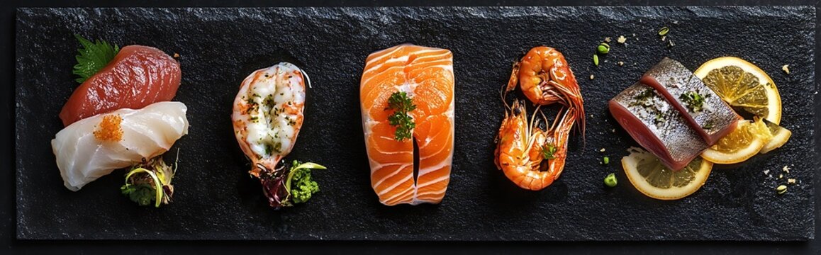A platter with a variety of sashimi, including tuna, salmon, shrimp and whitefish. The sashimi is arranged in a row on a black slate plate.