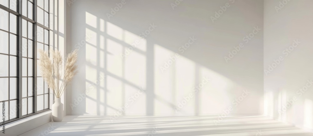 Poster 3d rendering of a white empty studio room with large windows for background or product placement in 