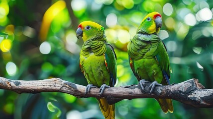 Two Green Parrots Perched on Branch: A pair of vibrant green parrots with bright yellow and red accents, perched on a branch in a lush, tropical setting. Their captivating gaze and verdant surrounding