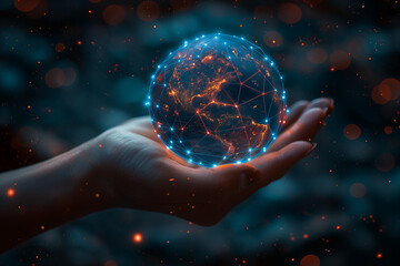 A person holds a digitally enhanced globe with glowing network connections, symbolizing global communication and technology.
