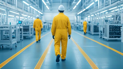 A worker in a yellow jumpsuit walks through a modern industrial facility, showcasing a clean and organized environment.
