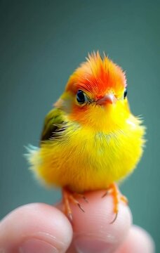 The world's tiniest bird, a yellow and orange miniature bird perched on the tip of someone's finger AI footage