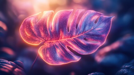 Obraz premium A Single Neon-Glowing Monstera Leaf in a Dark Forest