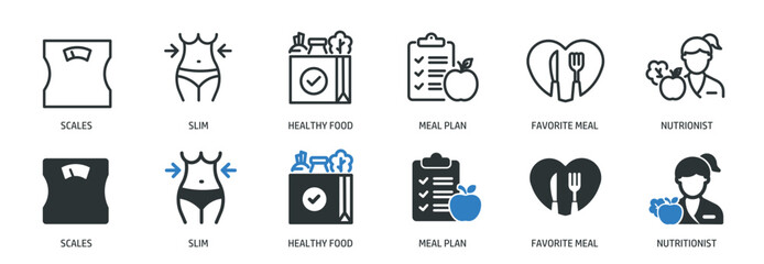 Diet healthy life line and glyph solid icons collection. Minimal icon and symbol series vector illustration
