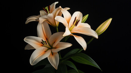 Obraz premium Elegant cream-white lilies with delicate petals and bright stamens on a dark background, highlighting their grace