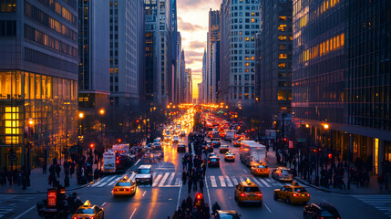 A bustling cityscape at dusk, multiple traffic lights glowing across different streets, with cars and pedestrians moving about, capturing the dynamic energy of the evening rush