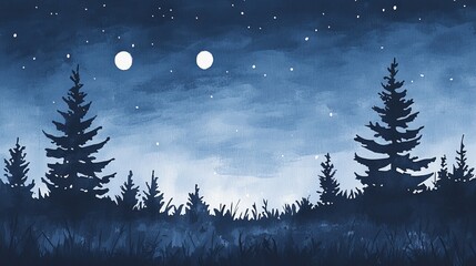 Fototapeta premium Wind farm under starry sky, turbines gently illuminated by moonlight, serene night, watercolor style