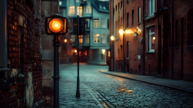 A vintage-style traffic light on a cobblestone street, its lights glowing softly in the early evening, old brick buildings in the background adding to the nostalgic feel