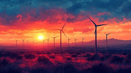 Peaceful sunset, valley filled with wind turbines casting long shadows, vibrant sky, Watercolor...