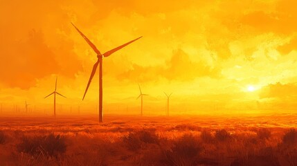 Wind turbines on desert, vast sand dunes, golden light, watercolor style