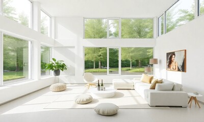 Fototapeta premium a minimalist living room with large windows, white walls, and contemporary furniture including a white sofa and round floor cushions
