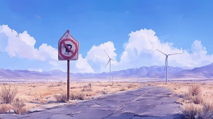 Abandoned wind turbines, decaying structures, barren desert wasteland, watercolor style