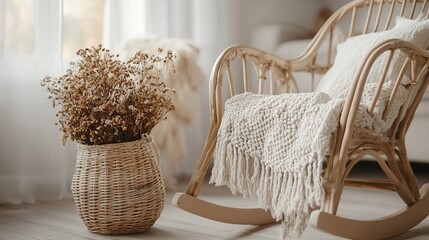 Fototapeta premium Wicker Basket with Dried Flowers Next to a Rocking Chair on the Floor, Creating a Cozy Autumn-Inspired Hygge Atmosphere in the Living Room with Scandinavian Interior Style and Comfort