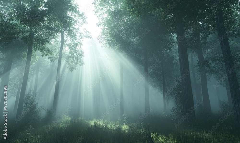 Poster mysterious morning forest shrouded in sunlight and fog with ethereal trees illuminated by a soft haz