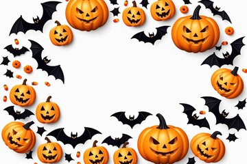 A spooky Halloween pumpkin frame featuring a set of carved pumpkins and bats, in an white background