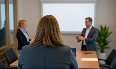 a professional meeting with one person in the foreground having their back to the camera and two others in conversation behind them