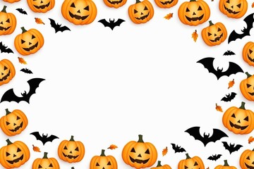 A spooky Halloween pumpkin frame featuring a set of carved pumpkins with scary faces, in an orange and black background, perfect for holiday decorations and autumn celebrations