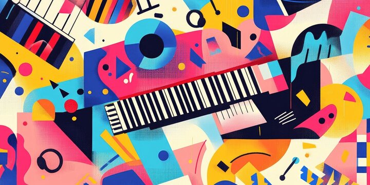 Abstract music festival design featuring geometric art playful game elements retro tubes and piano motifs Colorful cheerful banner for an entertainment club showcasing creative vibes in a 2D carto