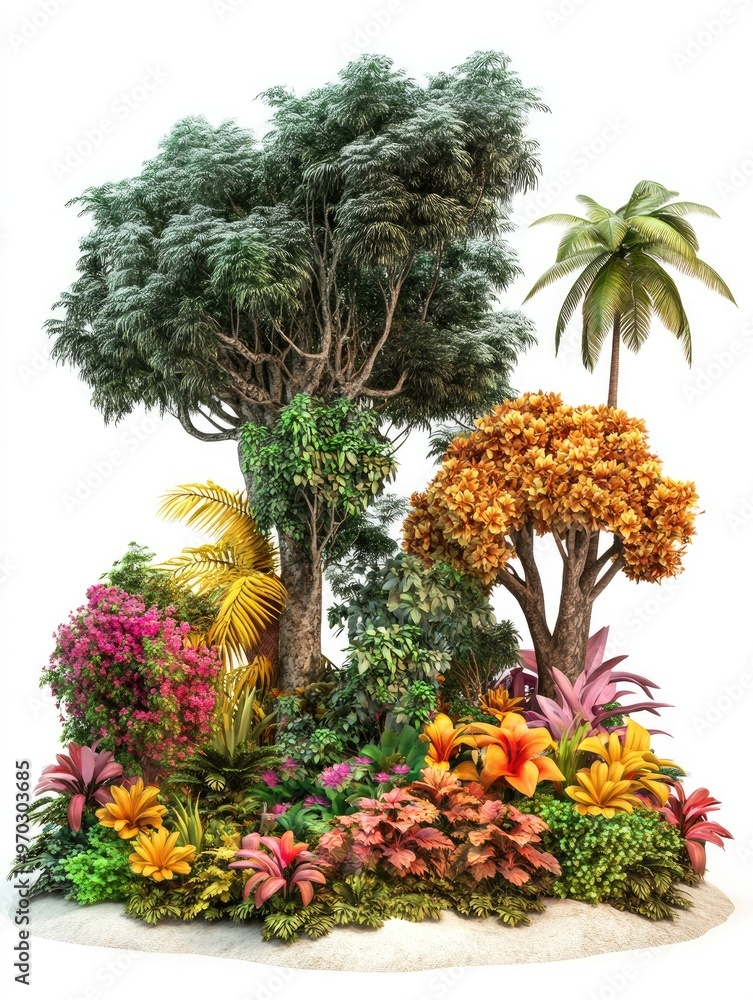 Poster fantasy 3d rendering featuring various trees and flowers on a white background with a clipping path