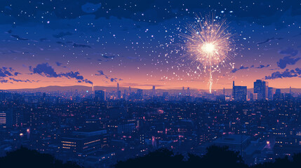 Obraz premium Nighttime Cityscape with Fireworks
