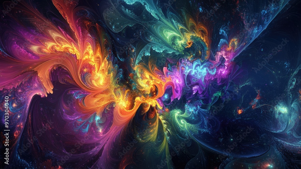 Poster abstract colorful fractal design bursting with imaginative elements on a dark backdrop