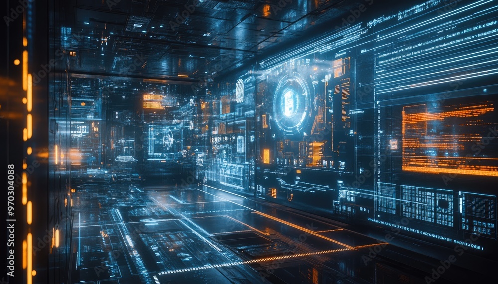 Poster Futuristic image showcasing a technological environment focused on computing data processing and advanced communication systems