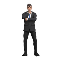 3D Legal Character. A male lawyer stands with his hand holding his chin while the other hand is wrapped around his body, as if he is thinking about a strategy. Male Lawyer Illustration