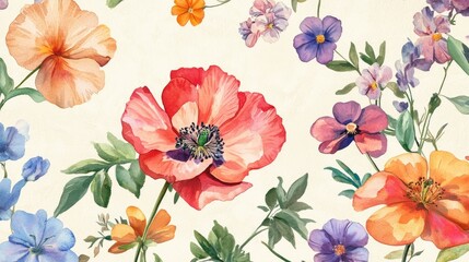 Fototapeta premium Summer Floral Greeting Card featuring vibrant garden flowers illustrated in a beautiful watercolor style