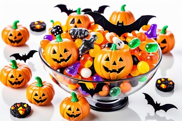 a Halloween candy in a clear glass bowl, surrounded by orange decorations on a festive table, isolated white background