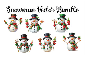 Set of christmas snowmans illustration on white background. Cute Snowmen. Vector illustration of a snowman with a carrot nose, scarf and hat.