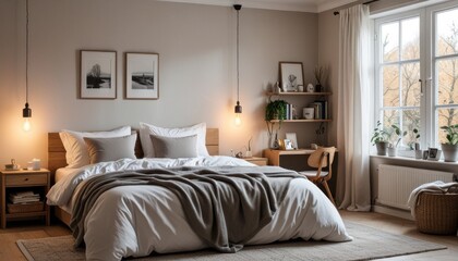 Cozy bedroom with a Scandinavian design and soft lighting